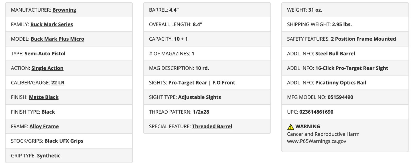BROWNING BUCK MARK PLUS MICRO 22 LR